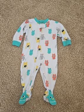 Carter's White Footed One-Piece Pajamas with Teal Trim and Monster Print
